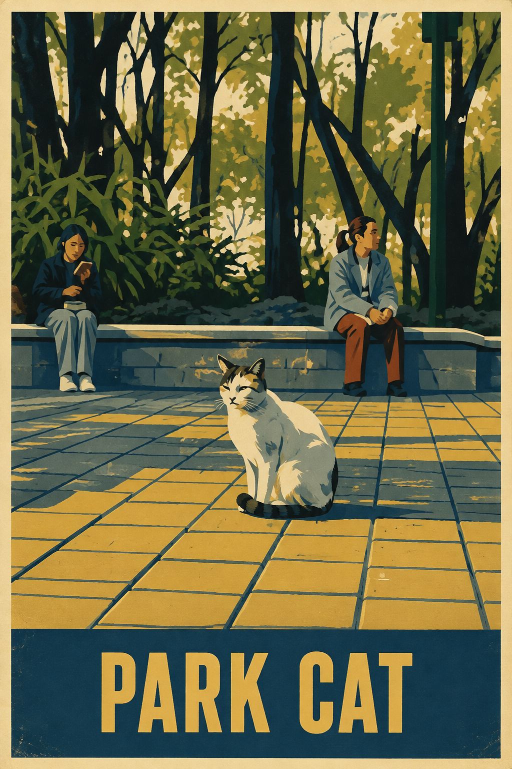 A cat on sunlit park paving as a vintage poster titled PARK CAT — a photo turned into art in the Soviet-era poster style