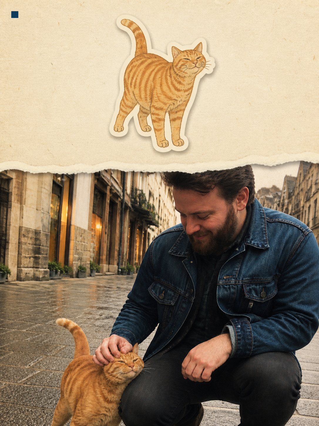 A man crouching to greet a ginger cat on a wet street, a cat sticker on the torn paper above — a photo turned into art in the Torn-paper journal style
